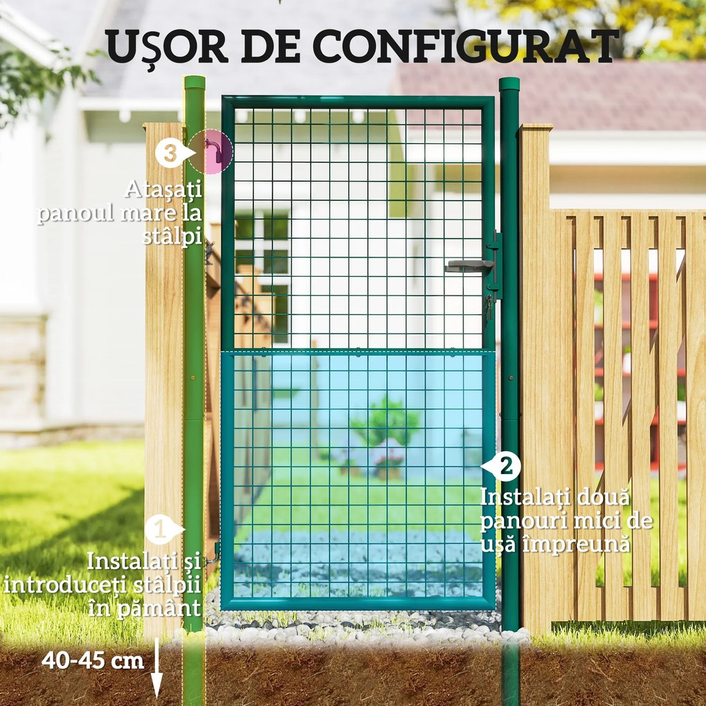 Outsunny Poartă de Grădină din Oțel 97x200 cm, Poartă cu Încuietoare, 3 Chei, Mâner și 2 Stâlpi | Aosom Romania