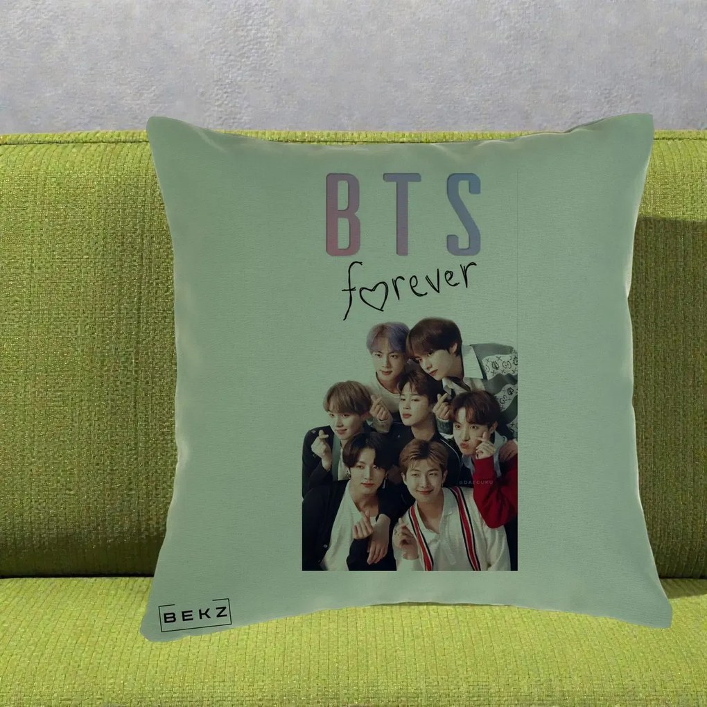 Perna Personalizata K-pop BTS Forever cu Foto Grup Negru, 40x40 cm, Verde, Husa Detasabila, Perna Inclusa, BEKZ®