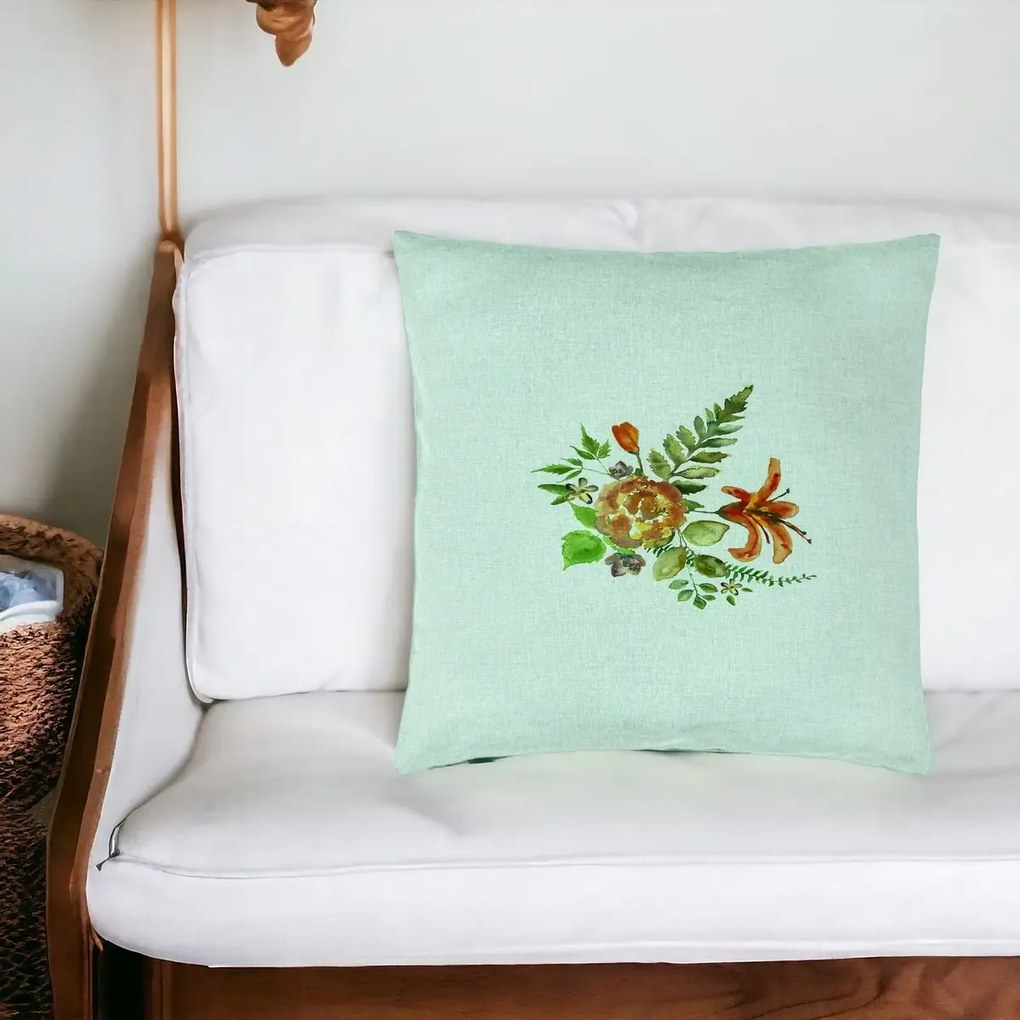 Perna Decorativa, Model Florale, 40x40 cm, Verde Menta, Husa Detasabila, Perna Inclusa, BEKZ®
