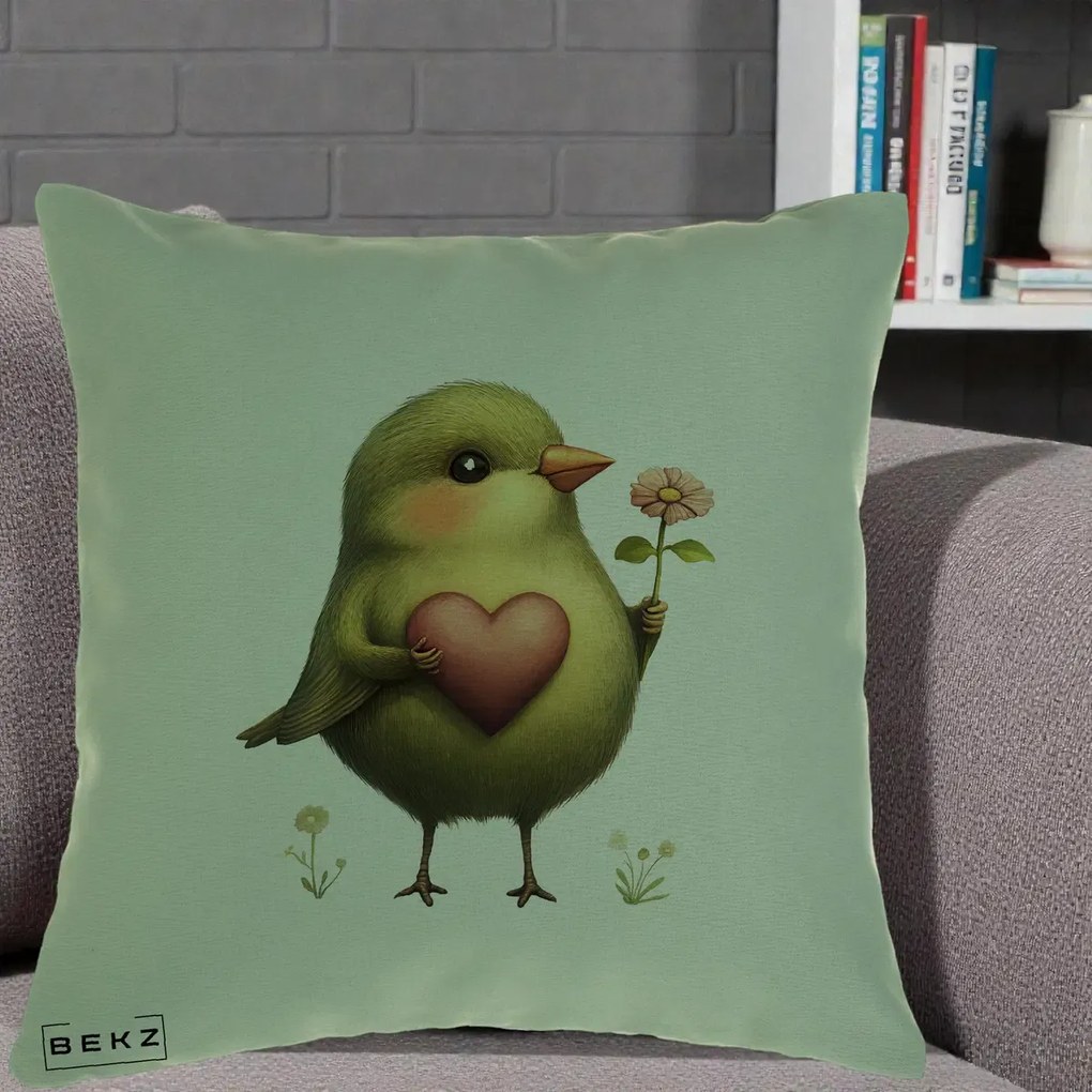 Perna Decorativa Pasare Verde cu Inima si Floare, 40x40 cm, Verde, Husa Detasabila, Perna Inclusa, BEKZ®