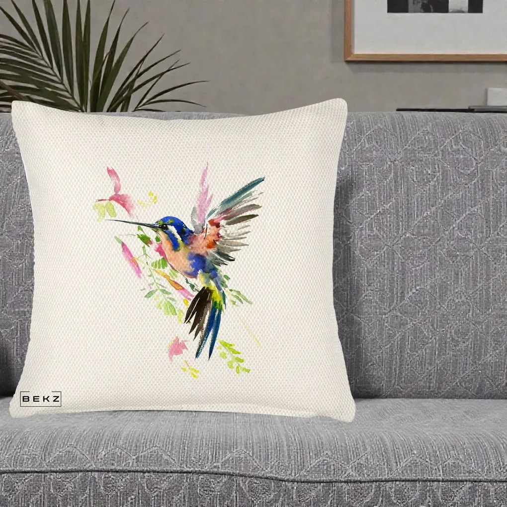 Perna Decorativa Colibri Acuarela, 40x40 cm, Crem Reliefat, Husa Detasabila, Perna Inclusa, BEKZ®