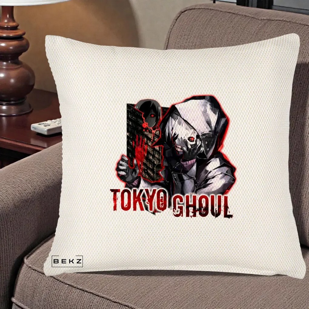 Perna Personalizata Tokyo Ghoul Ken Kaneki Anime, 40x40 cm, Crem Reliefat, Husa Detasabila, Perna Inclusa, BEKZ®