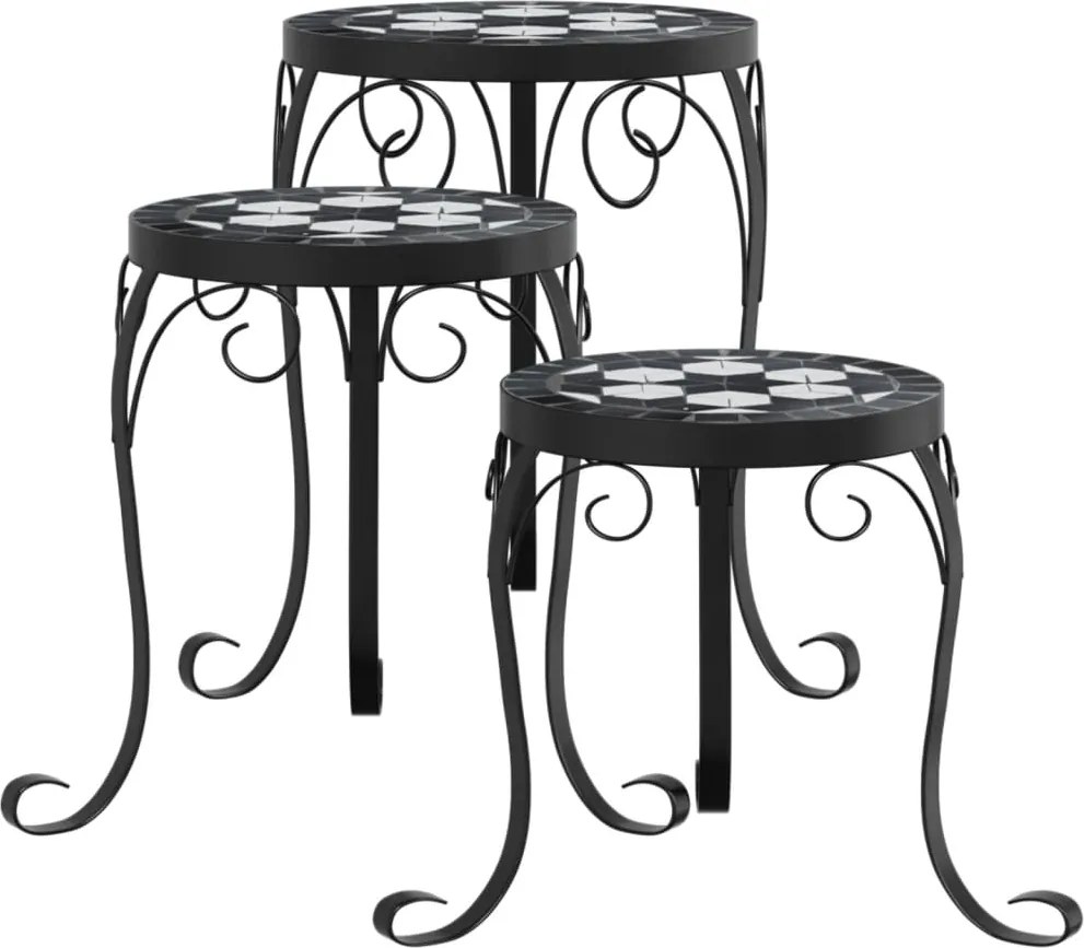 vidaXL Suporturi pentru plante, 3 buc., negru și alb, ceramică