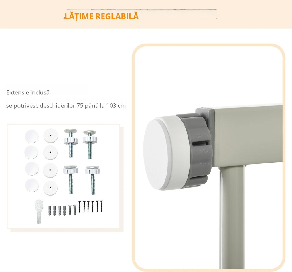 PawHut Barieră Extensibilă pentru Câini cu Închidere Automată din Oțel și ABS, 75-103x76 cm, Gri | Aosom Romania