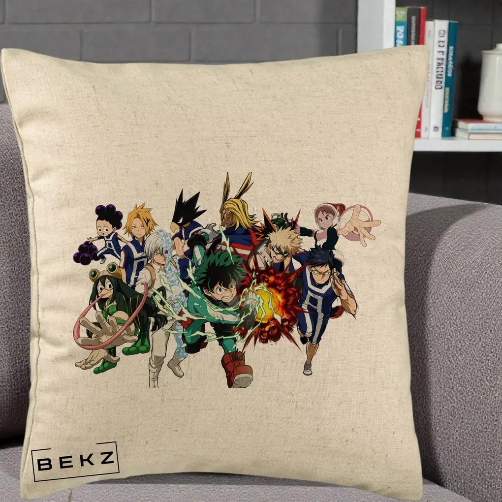 Perna personalizata My Hero Academia Clasa 1-A Complet, 40x40 cm cu Umplutura, Bej, BEKZ