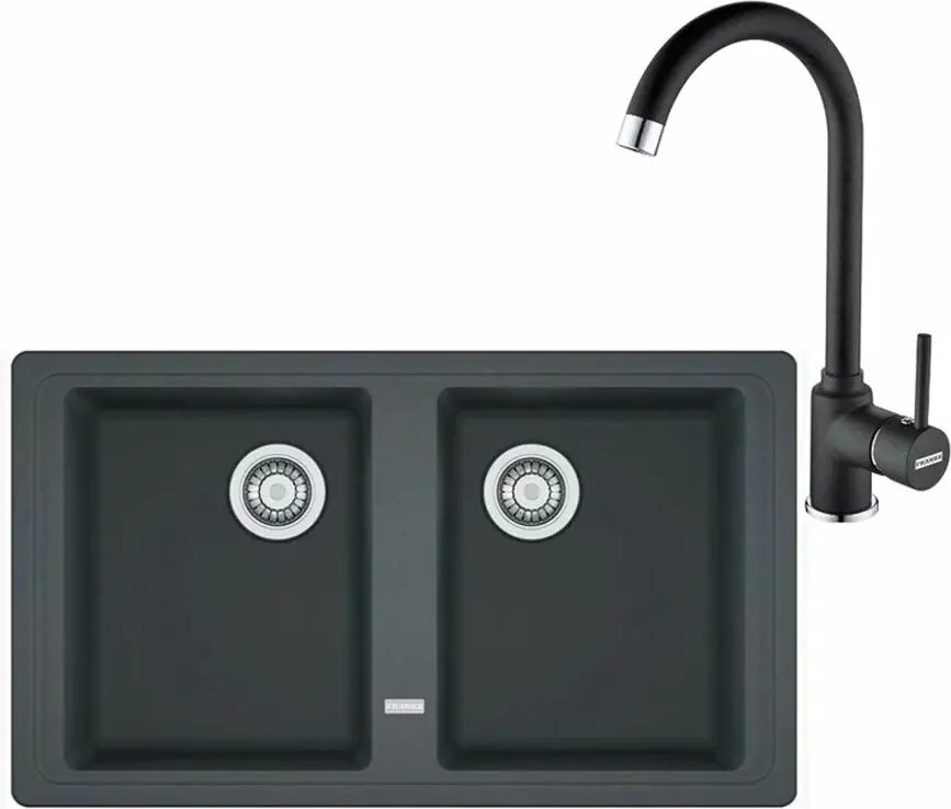 Set chiuveta bucatarie compozit Franke Basis 2 cuve fara picurator 86x50 cm finisaj negru mat cu baterie Pola