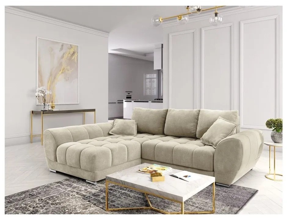 Colțar extensibil cu tapițerie de catifea și șezlong pe partea stângă Windsor &amp; Co Sofas Nuage, bej