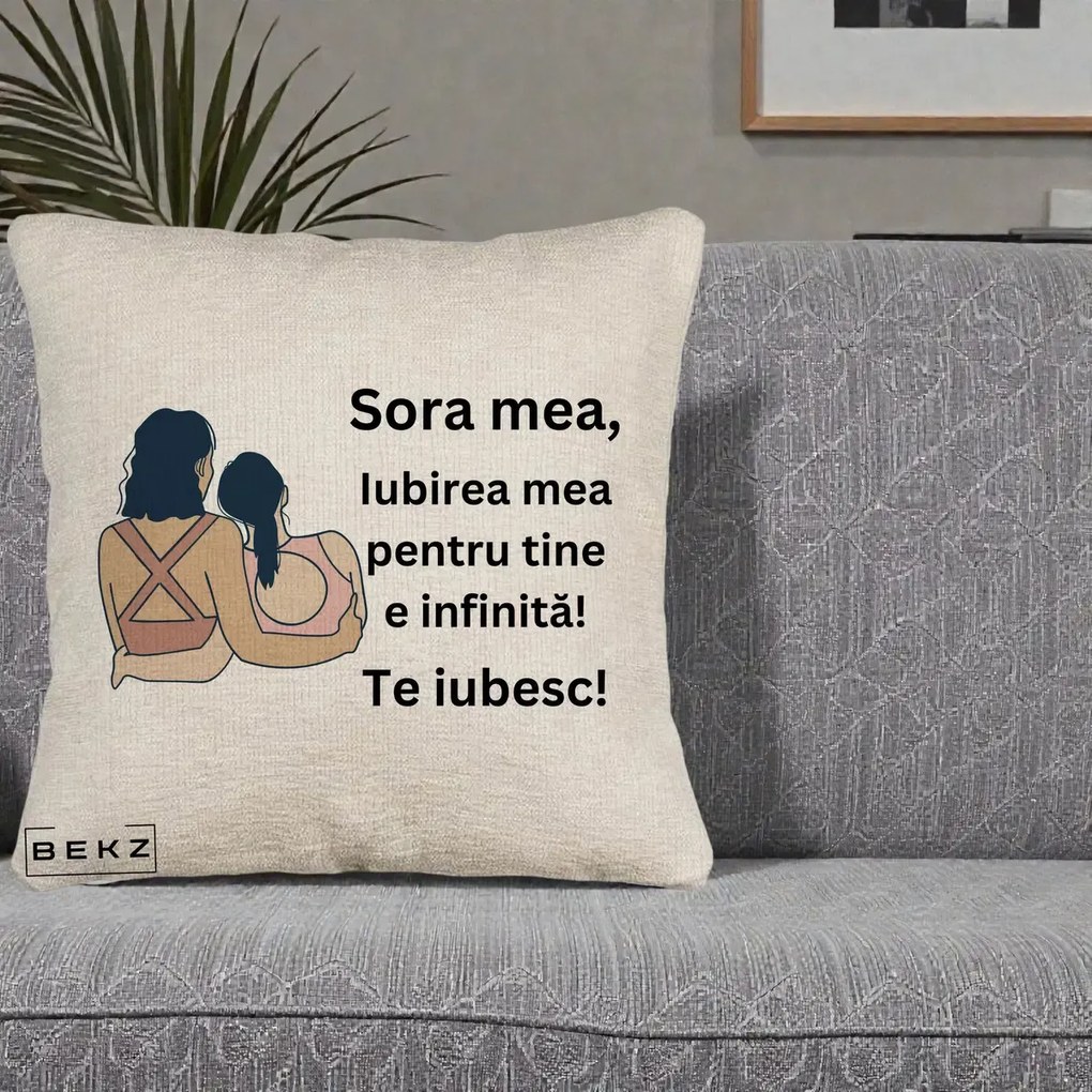 Cadou pentru Sora - Perna Personalizata Sora Mea Te Iubesc Doua Fete Fashioniste Line Art, 40x40 cm, Bej Canapea, Husa Detasabila, Perna Inclusa, BEKZ®
