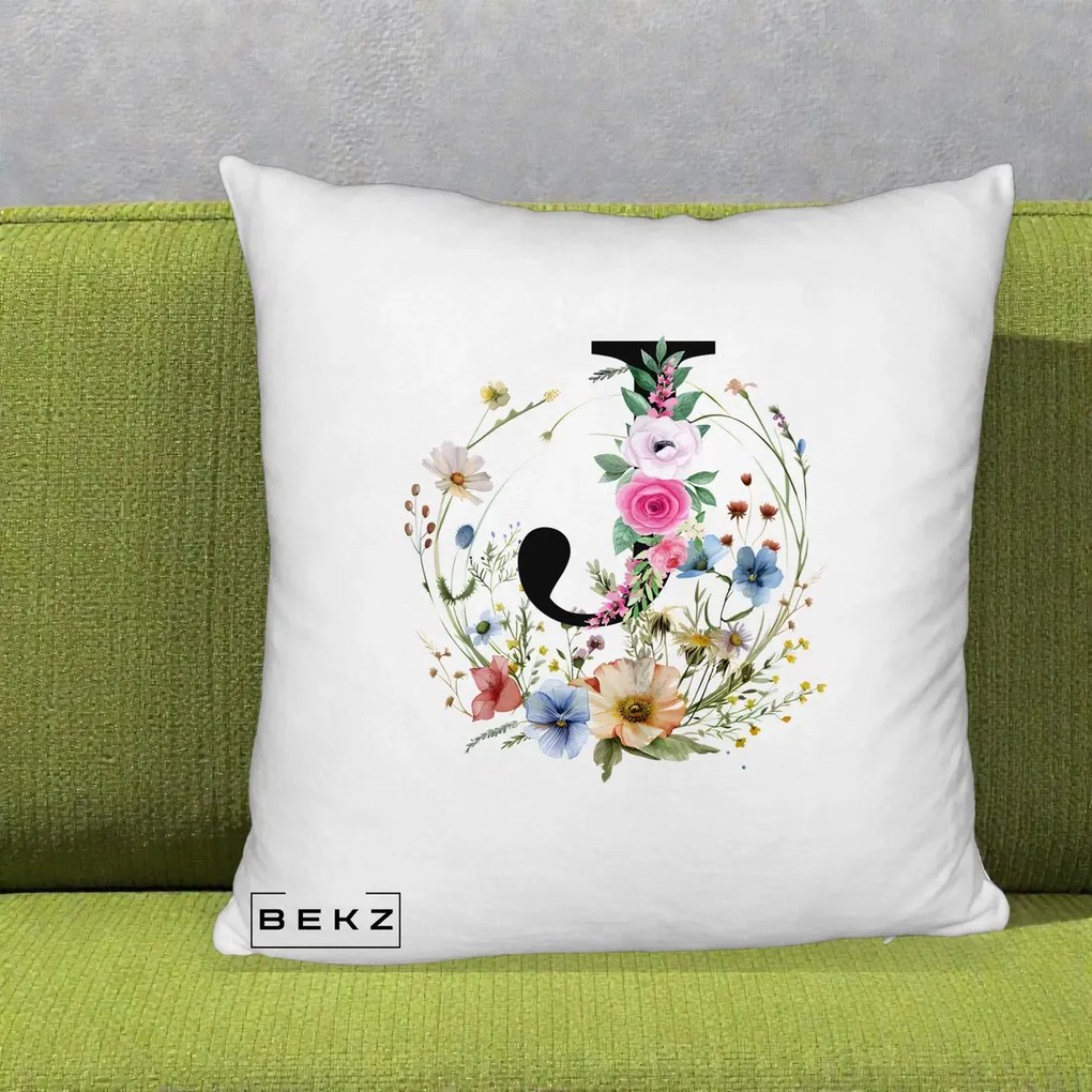 Cadou Personalizat - Perna Personalizata Monogram Litera J cu Flori Acuarela, 40x40 cm, Alb Pufos, Husa Detasabila, Perna Inclusa, BEKZ®