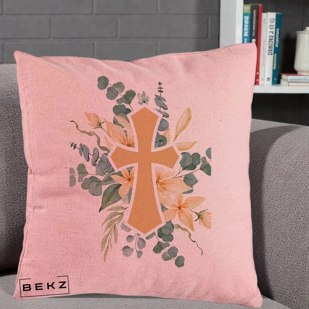 Perna Personalizata Cruce Florala Botez, 40x40 cm, Roz, Husa Detasabila, Perna Inclusa, BEKZ®