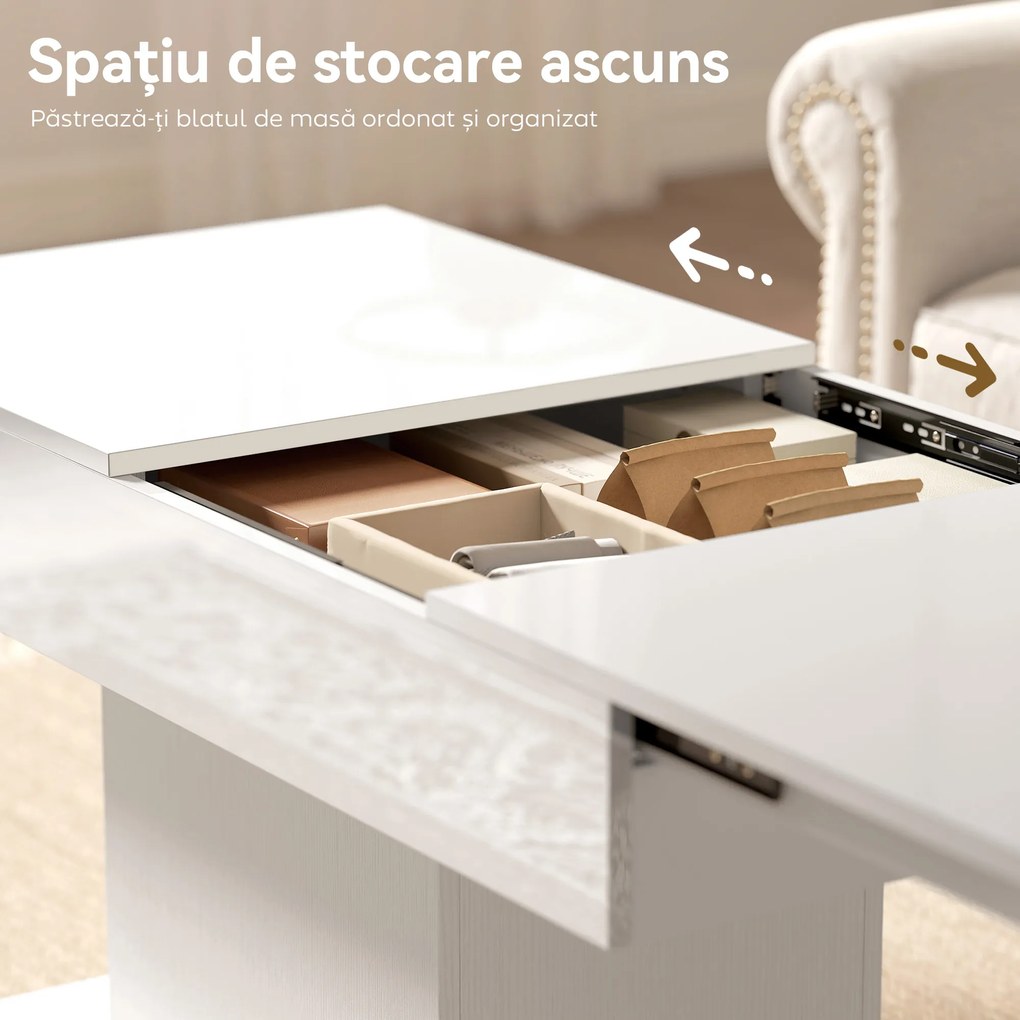 HOMCOM Măsuță de Cafea Extensibilă cu Compartiment, Măsuță de Sufragerie Modernă cu Picioare Antiderapante, Măsuță de Living pentru Acasă Birou, 108-178,5x53x49 cm, Alb Lucios | Aosom Romania