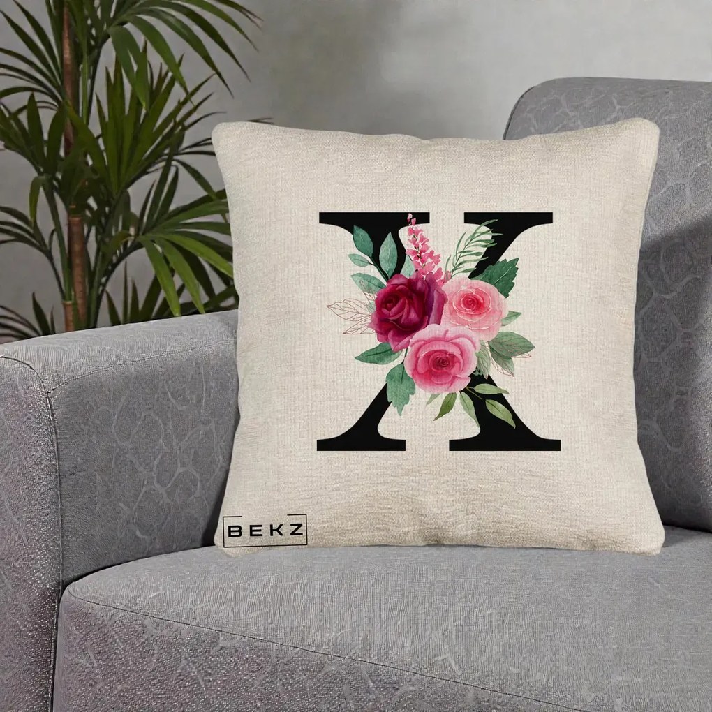Cadou Personalizat - Perna Personalizata Monograma Florala Litera X cu Buchet, 40x40 cm, Bej Canapea, Husa Detasabila, Perna Inclusa, BEKZ®