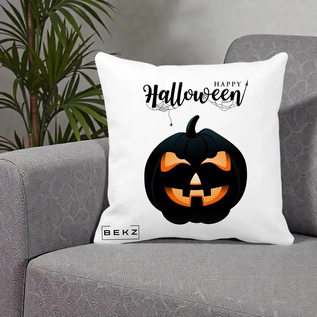 Perna Decorativa Happy Halloween Dovleac Negru cu Paianjen, 40x40 cm, Alba Mata, Husa Detasabila, Perna Inclusa, BEKZ®
