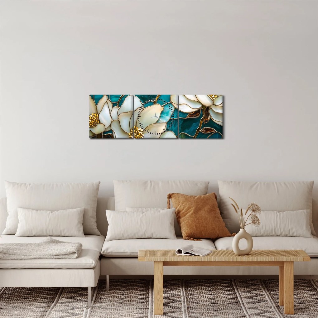 Tablou - Vitraliu cu magnolie (cu ceas) (90x30 cm)