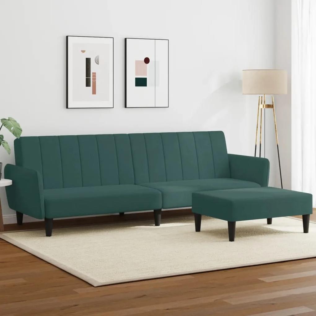 Canapea extensibila cu taburet, 2 locuri, verde inchis, catifea