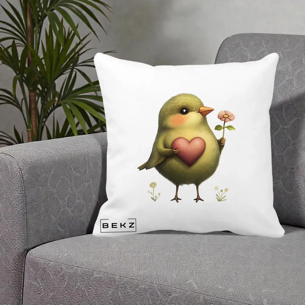 Perna Decorativa Pasare Verde cu Inima si Floare, 40x40 cm, Alba Mata, Husa Detasabila, Perna Inclusa, BEKZ®