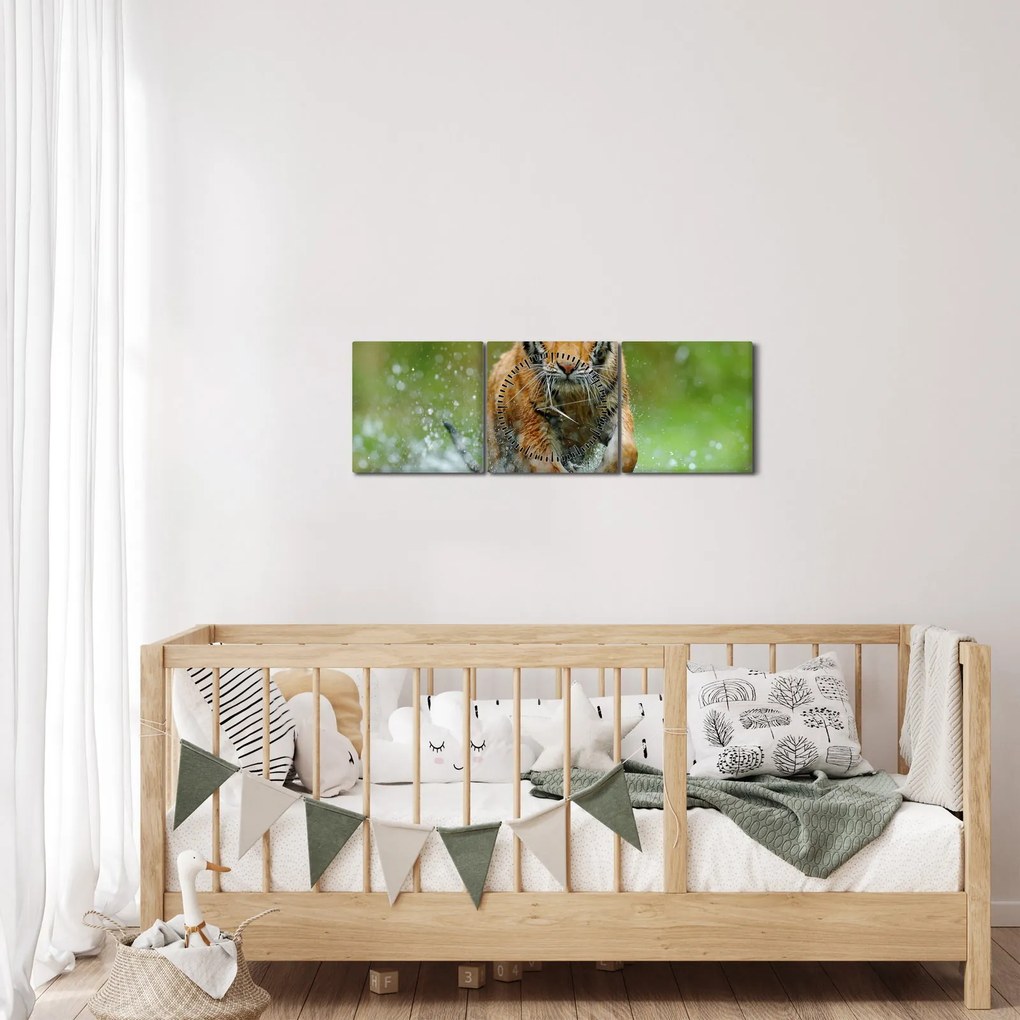 Tablou - Tigru care aleargă (cu ceas) (90x30 cm)