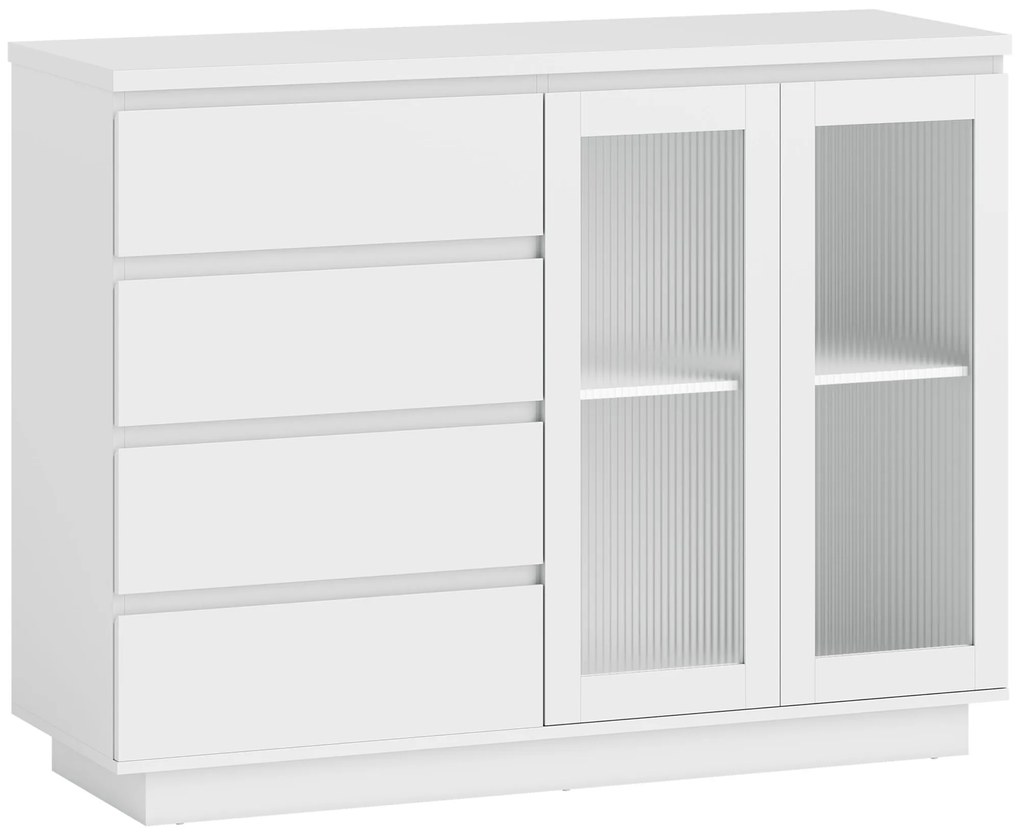 HOMCOM Bufet din Lemn cu 4 Sertare și Dulap cu Uși de Sticlă și Rafturi Reglabile, 120x40x91 cm, Alb | Aosom Romania