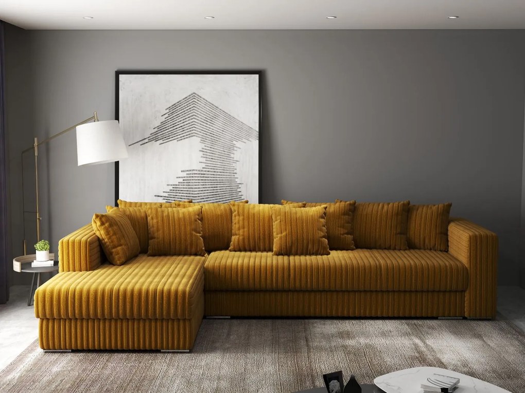 Colțar extensibil dumonde cu ladă de depozitare si sezut confortabil din spuma high-density, Gloria Ambience Mustar 320x183 cm