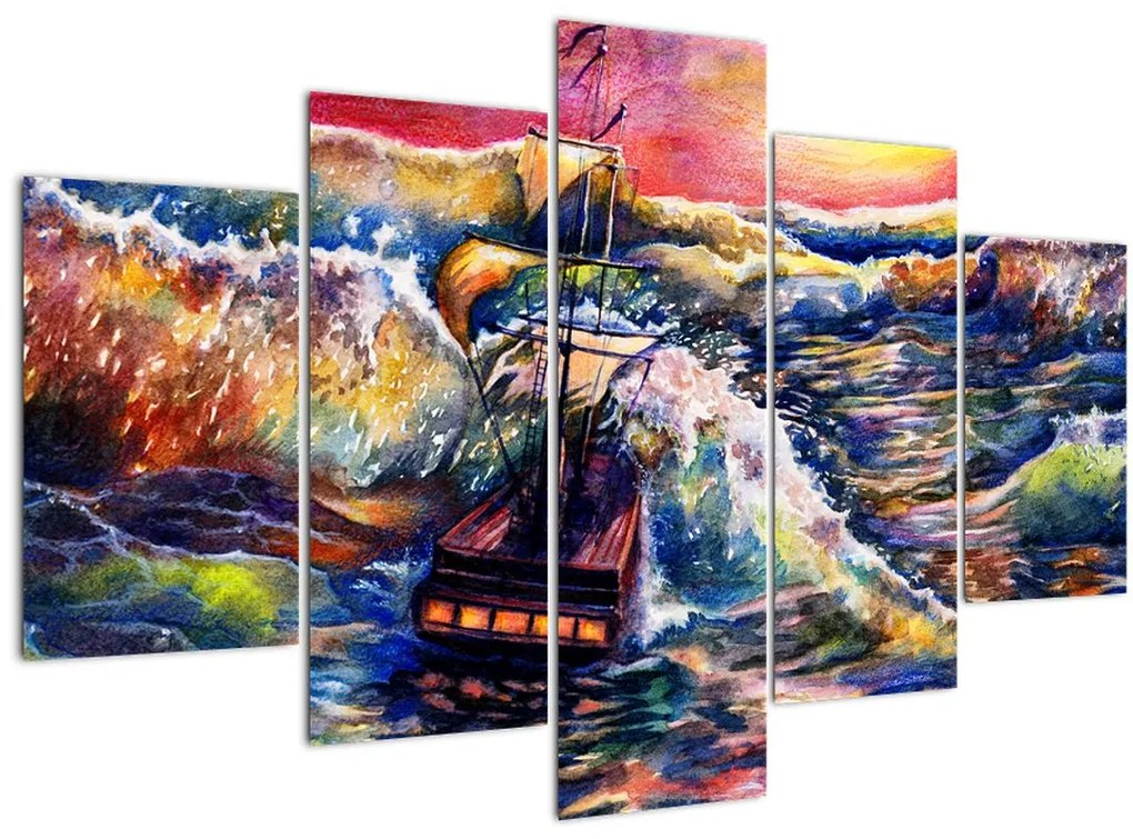 Tablou - Navă pe valurile oceanului, aquarelă (150x105 cm)