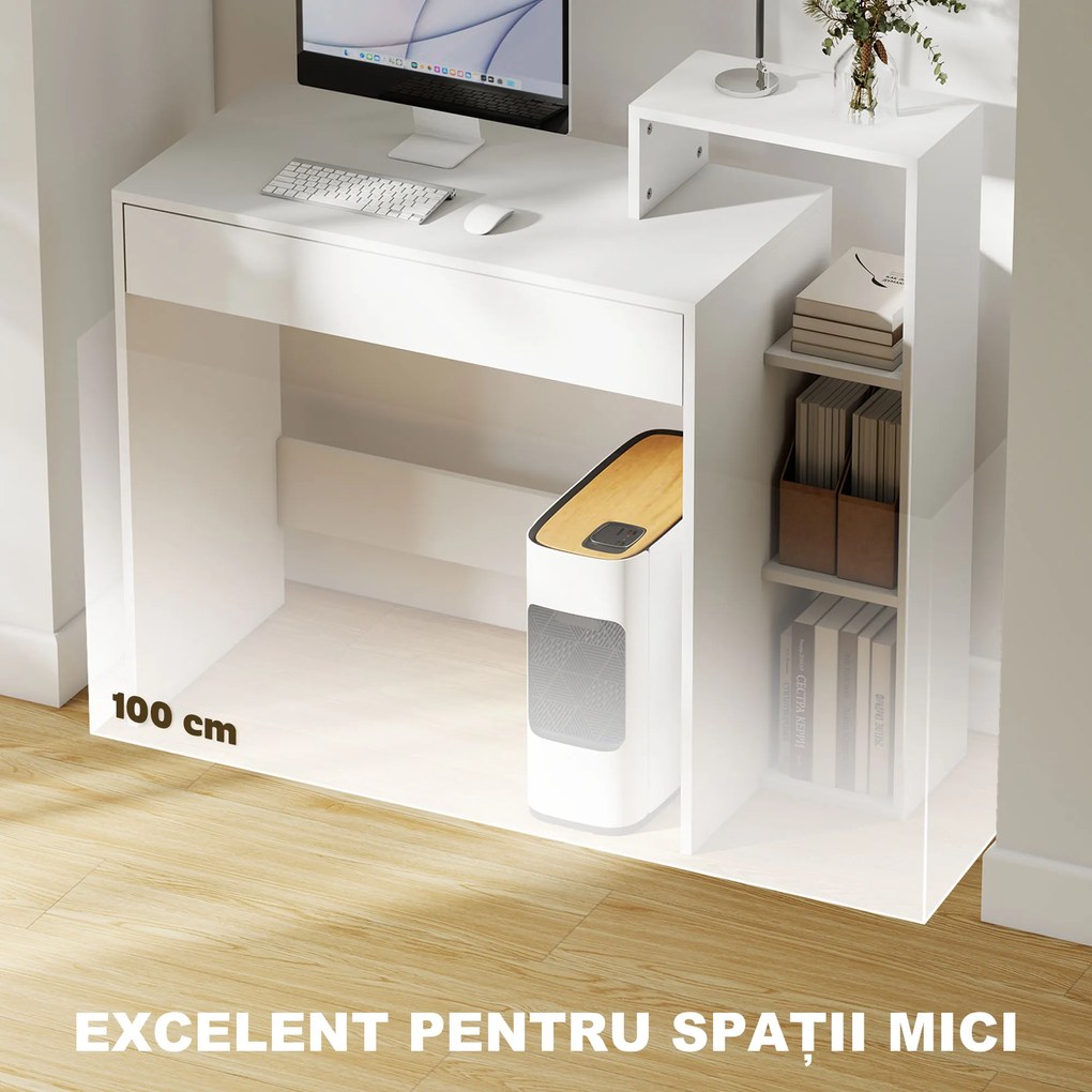HOMCOM Compact Computer Desk with 3 Storage Shelves and Drawer, Space Saving Writing Desk, Study Table for Home Office, 110 x 40 x 92 cm, White | Aosom Romania