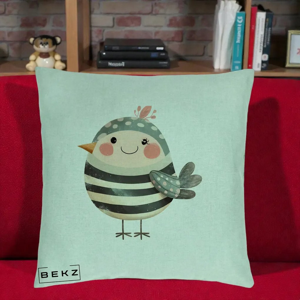 Perna Decorativa Pui Kawaii Teal cu Flori, 40x40 cm, Verde Menta, Husa Detasabila, Perna Inclusa, BEKZ®