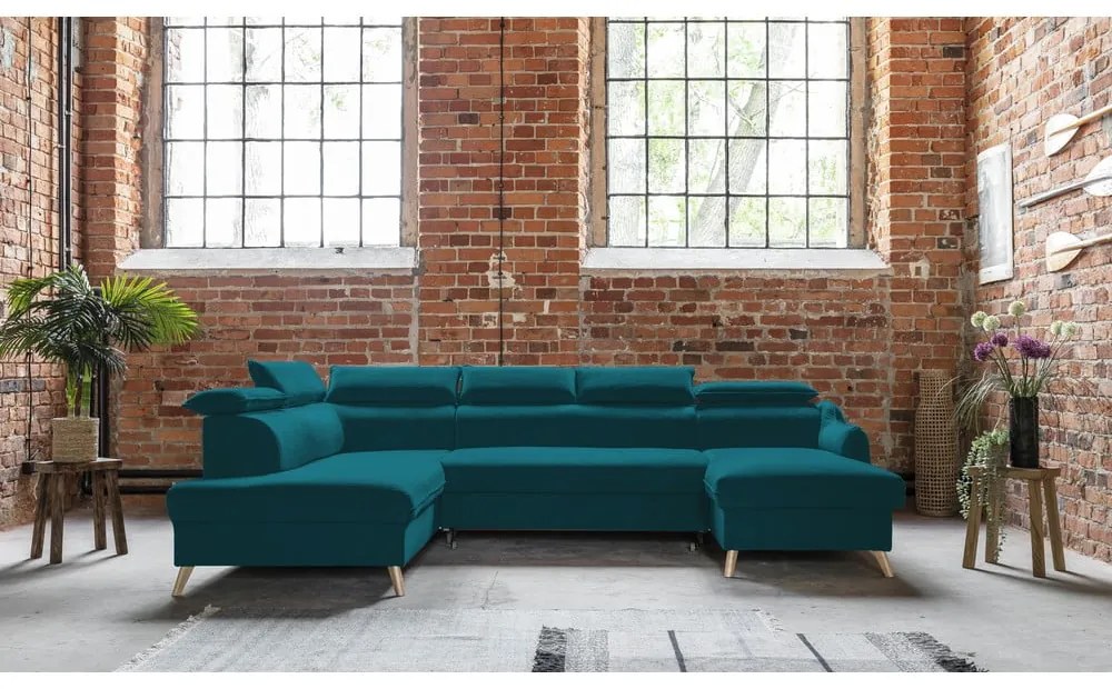 Colțar turcoaz extensibil cu tapițerie din catifea (cu colț pe partea stângă /în formă de "U") Sweet Harmony – Miuform