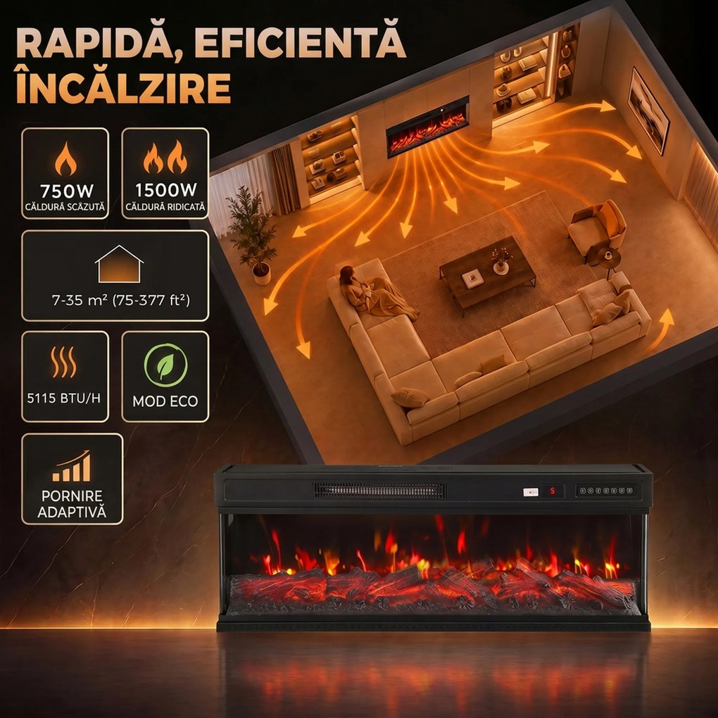 HOMCOM Șemineu Electric de Podea/Încastrabil, 3 Laturi, cu Telecomandă, 750/1500W, Efect Flacără 3D 12 Culori, 5 Niveluri de Luminozitate | Aosom Romania