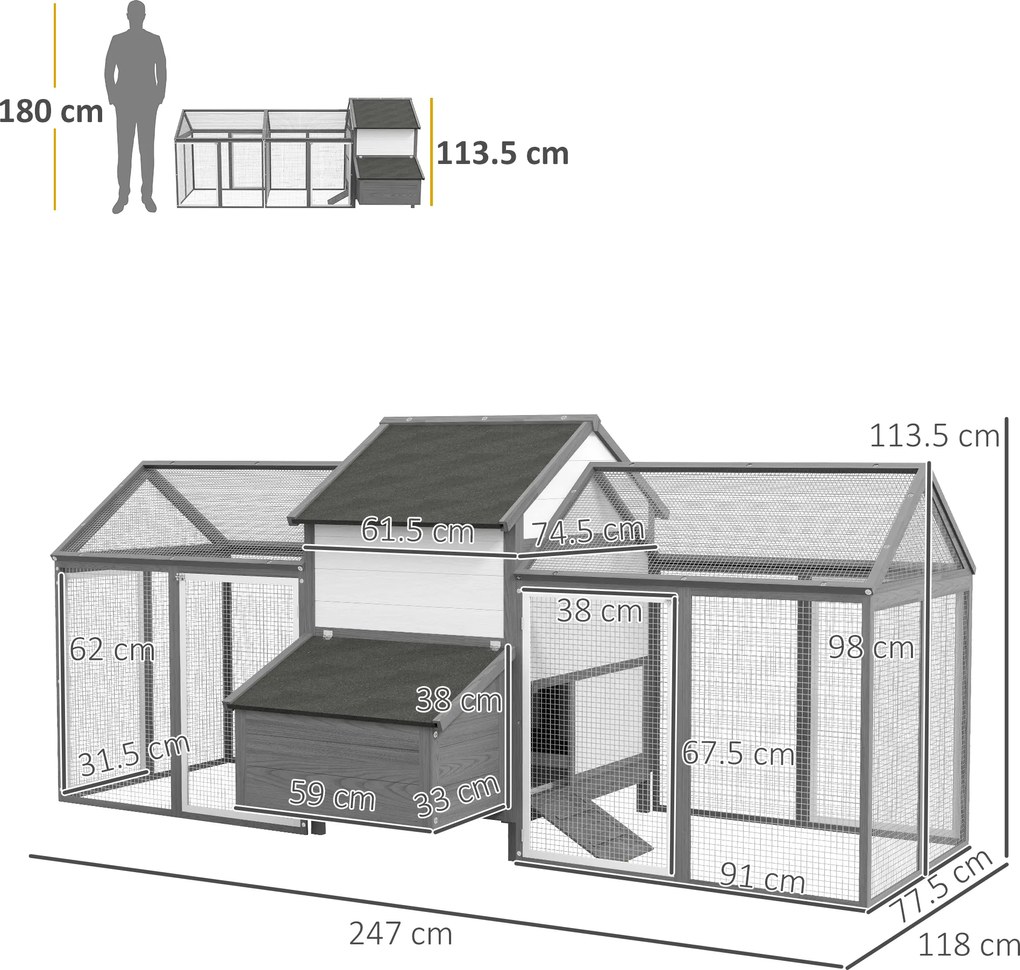 PawHut Coteț din Lemn pentru Găini Ouașe de Exterior cu 2 Recinții Laterale, Cuibar, Acoperiș Impermeabil, Tavă Glisantă, Zonă de Odihnă, Uși și Rampă, pentru 2-4 Găini, 247x118x113.5cm, Gri | Aosom Romania
