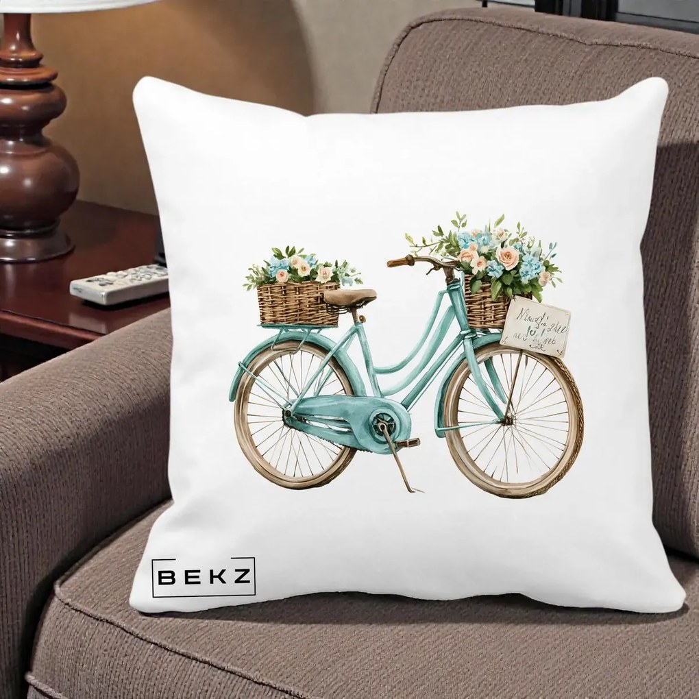 Perna Decorativa Bicicleta Teal cu Cosuri Duble de Flori Vintage, 40x40 cm, Alba Mata, Husa Detasabila, Perna Inclusa, BEKZ®