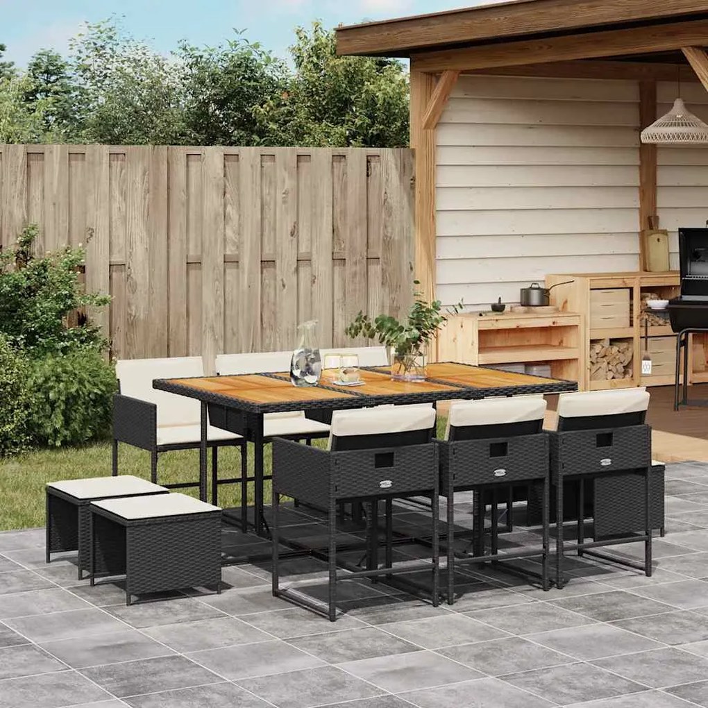 vidaXL Set mobilier de exterior cu perne, 11 piese, negru, poliratan