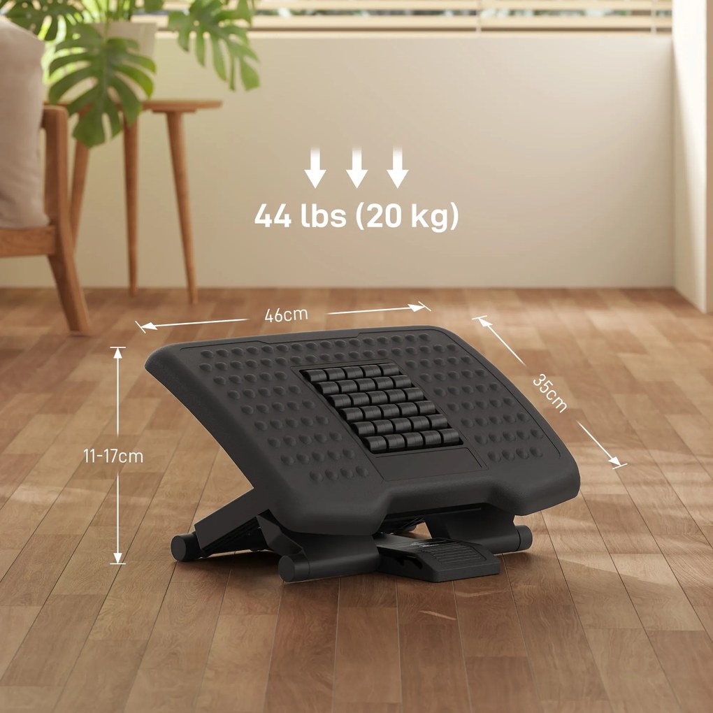 HOMCOM Suport Ergonomic pentru Picioare cu Role de Masaj, Antiderapant și Reglabil pe 3 Înălțimi, 46x35x17 cm, Negru | Aosom Romania