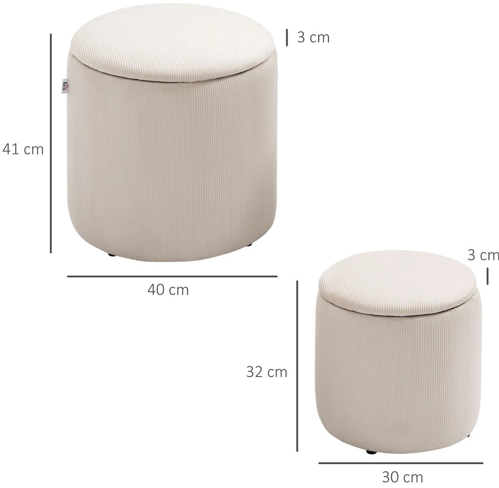 HOMCOM Set de 2 Pouf-uri pentru Depozitare Salvaspazio Rotunde și Îmbunătățite din Catifea cu Nervuri, Alb | Aosom Romania