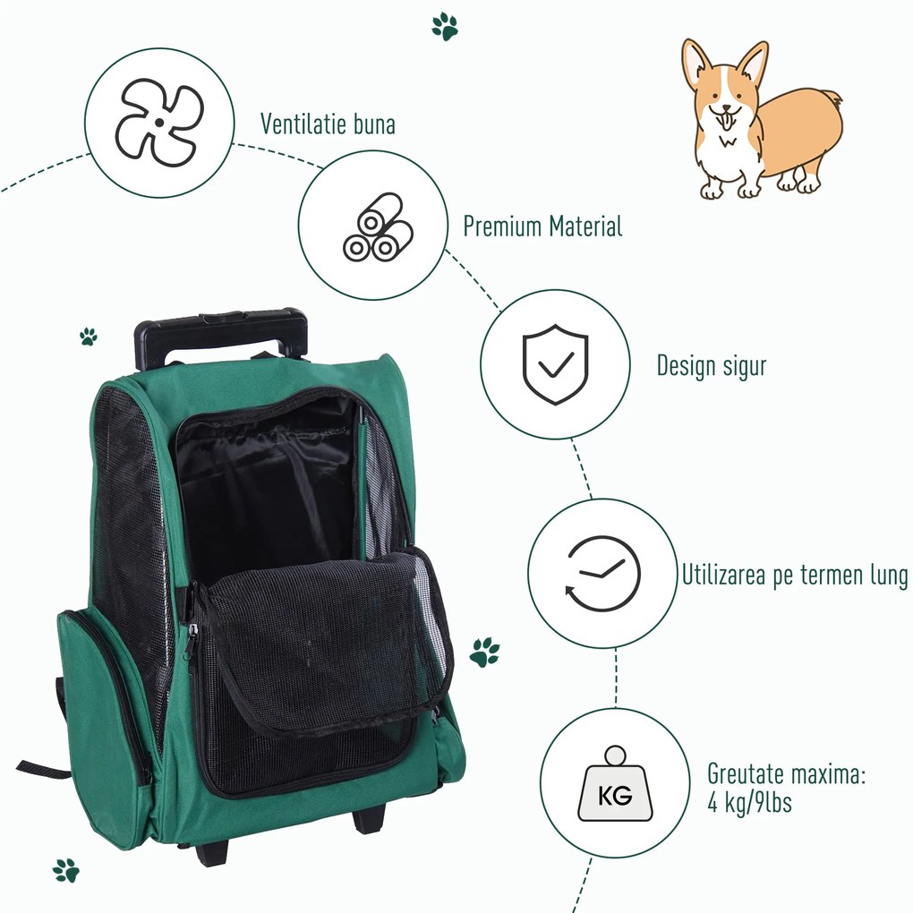 PawHut Trolley Rucsac Verde pentru Călătorii cu Animale de Companie, Confortabil și Sigur | Aosom Romania