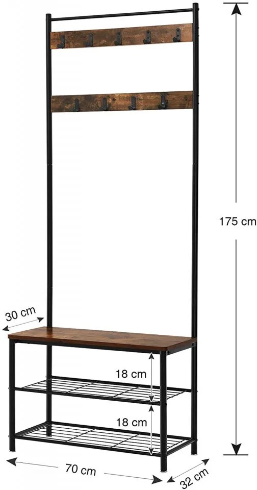 CUII204 - Cuier industrial 70 cm, 9 agatatori haine, chei, hol, rafturi pantofi, pantofar - Maro