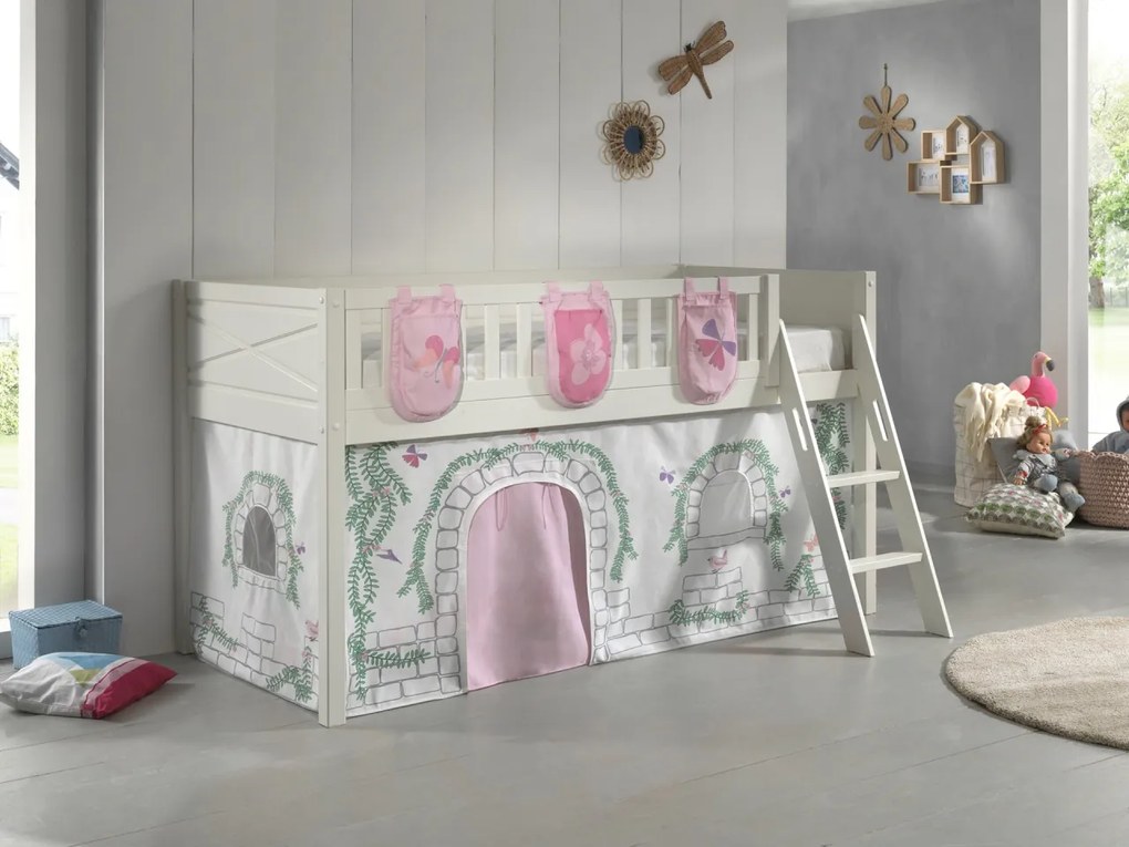 Set pat semi-supraetajat SCOTT pentru copii, alb, 90 x 200 cm, din pin scandinav masiv, cu scară, sertare + 3 buzunare opționale pentru depozitare și