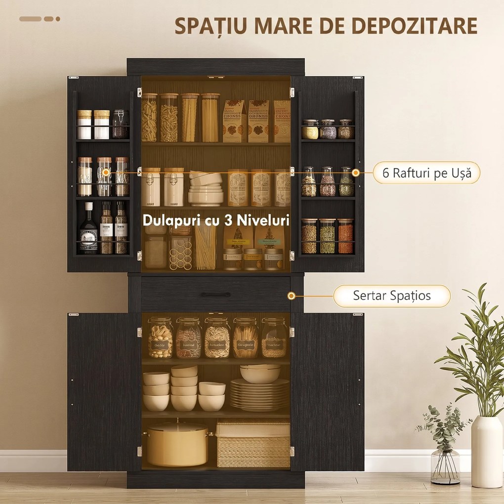 HOMCOM Dulap cămară de bucătărie în stil country, cu 2 dulapuri, 6 rafturi și sertar, din lemn, 76 x 39,5 x 183,5 cm, negru | Aosom Romania