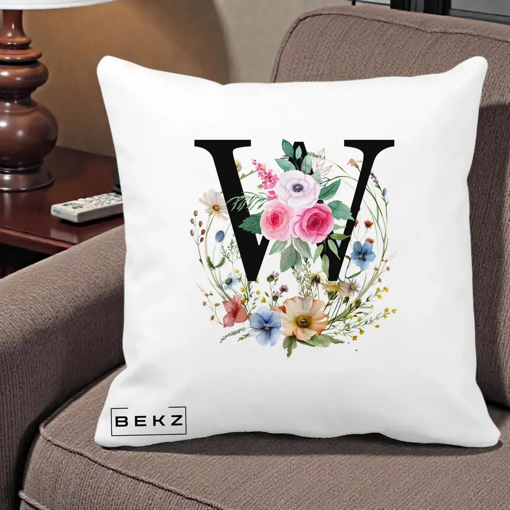 Cadou Personalizat - Perna Personalizata Monograma Florala Litera W, 40x40 cm, Alba Mata, Husa Detasabila, Perna Inclusa, BEKZ®