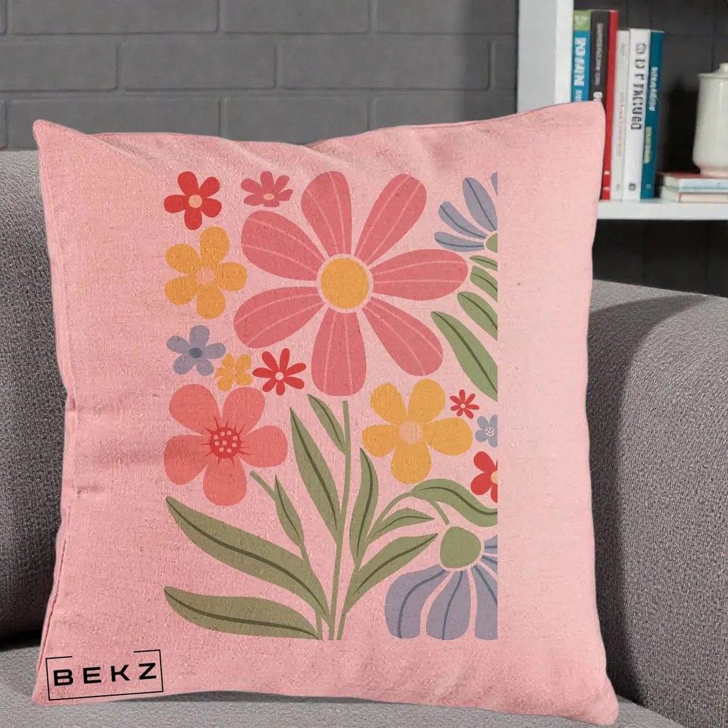 Perna Decorativa Flori Grafice Roz Pastel, 40x40 cm, Roz, Husa Detasabila, Perna Inclusa, BEKZ®