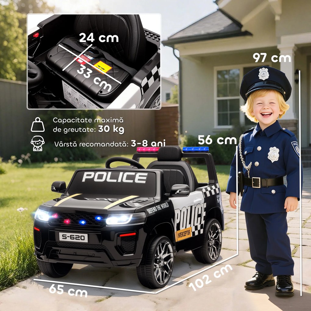 AIYAPLAY Mașina Electrică de Poliție pentru Copii 12V cu Telecomandă, Sirenă și Lumini, Vârsta 3-5 Ani, Negru | Aosom Romania