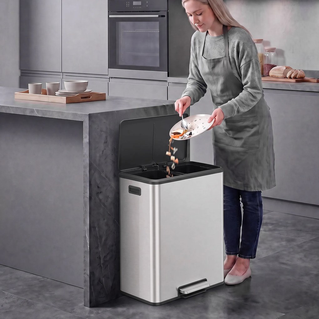 HOMCOM Coș de bucătărie 2 x 30 L, cu pedală, din oțel inoxidabil, găleți detașabile și capac soft-close, argintiu | Aosom Romania