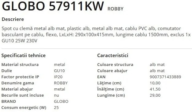 Veioza, lampa de birou cu clema design modern Robby alb
