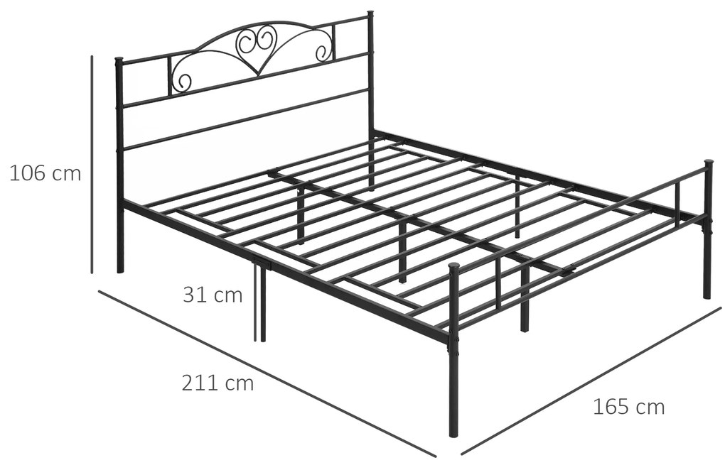 HOMCOM Structura Pat Matrimonial din Otel 160x200cm cu Sipci Integrate, Tetiera si Tablie, Spatiu de Depozitare, Negru | Aosom Romania