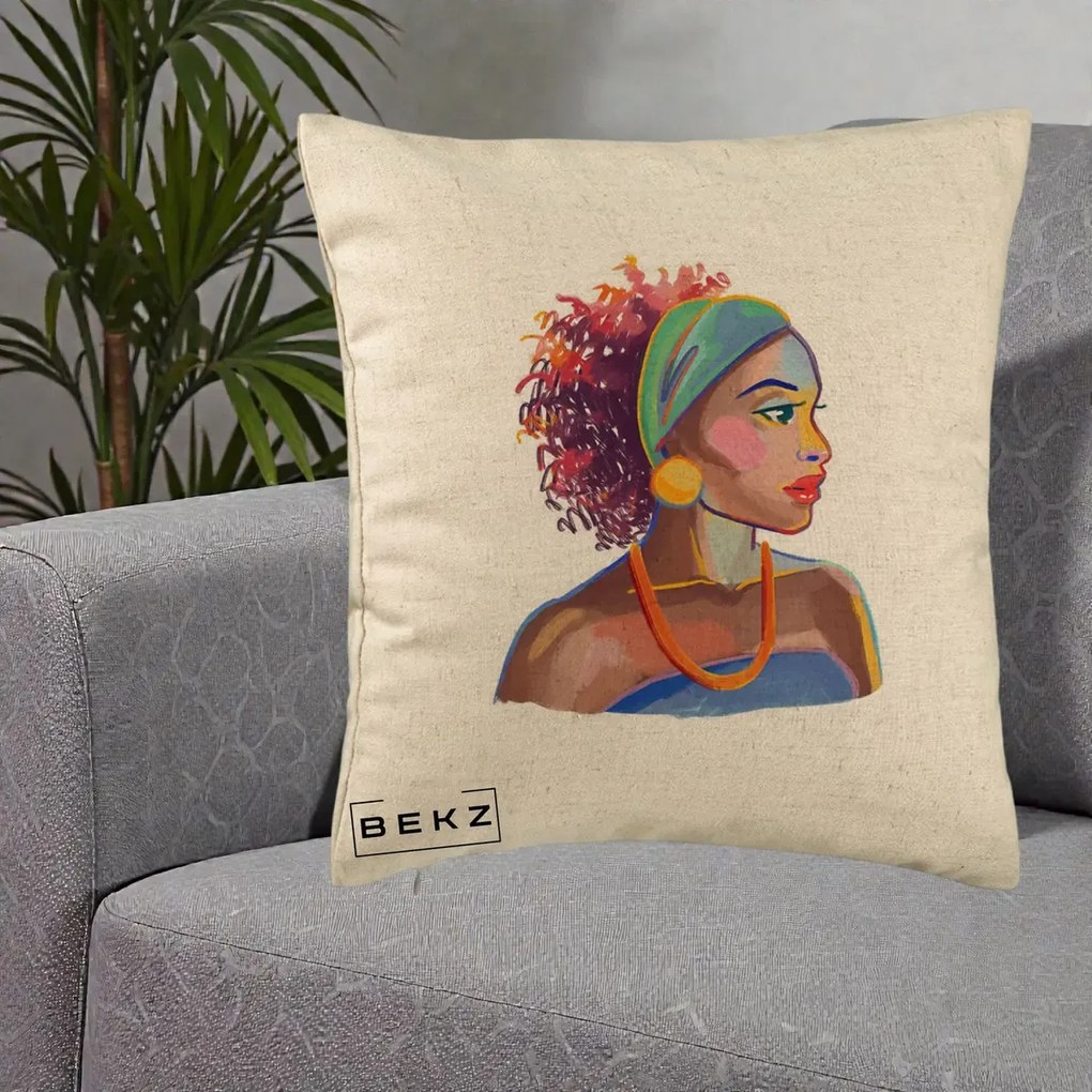 Perna Decorativa Portret Femeie Urbana Acuarela, 40x40 cm, Bej, Husa Detasabila, Perna Inclusa, BEKZ®