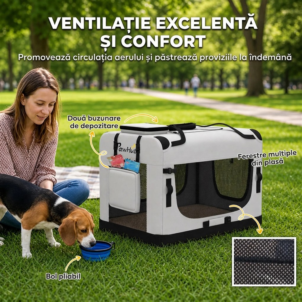 PawHut Transportor Moale Pliabil pentru Câini Mici și Medii, cu Bol, din Țesătură Oxford, Gri Deschis | Aosom Romania