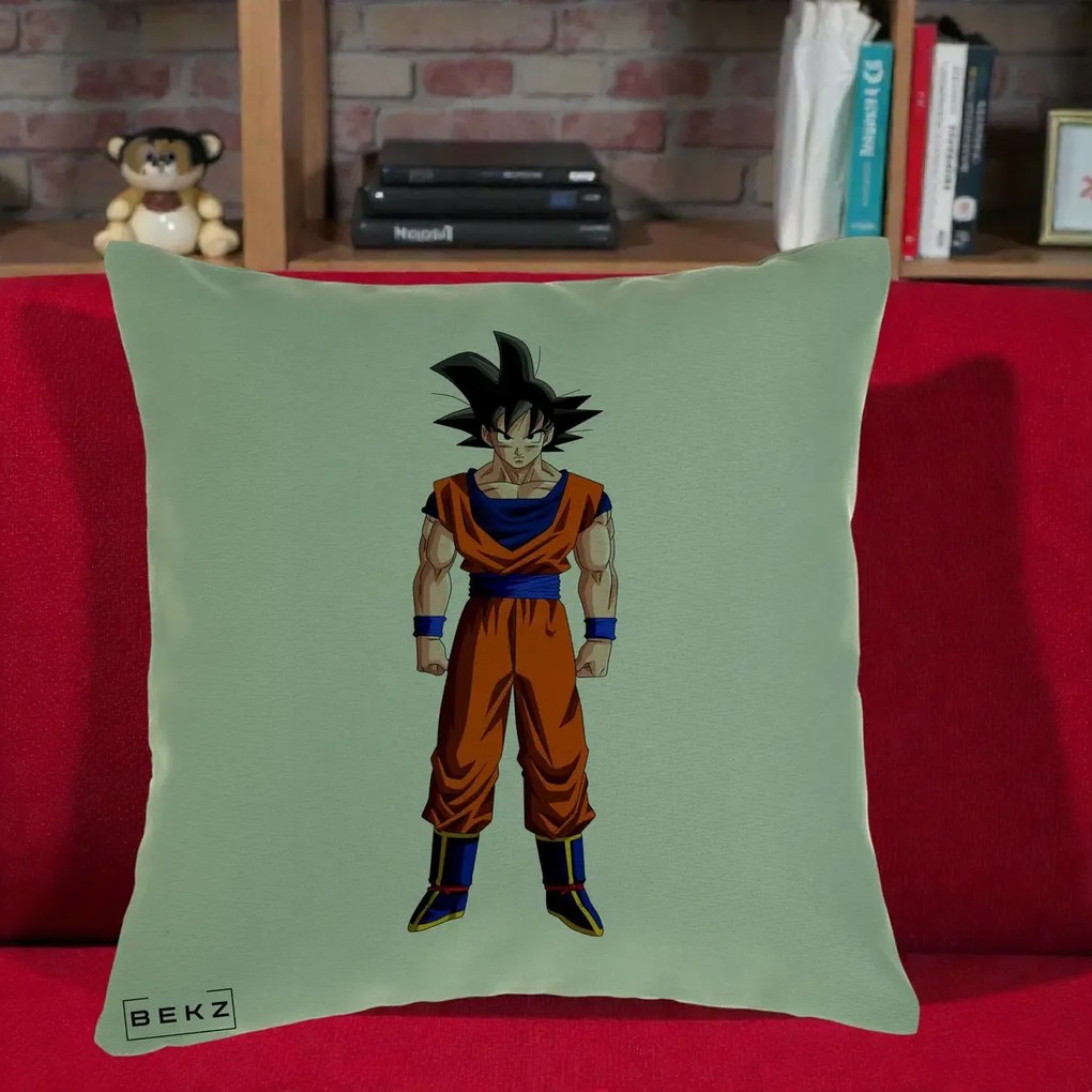 Perna Personalizata Dragon Ball Goku Complet in Gi Portocaliu, 40x40 cm, Verde, Husa Detasabila, Perna Inclusa, BEKZ®