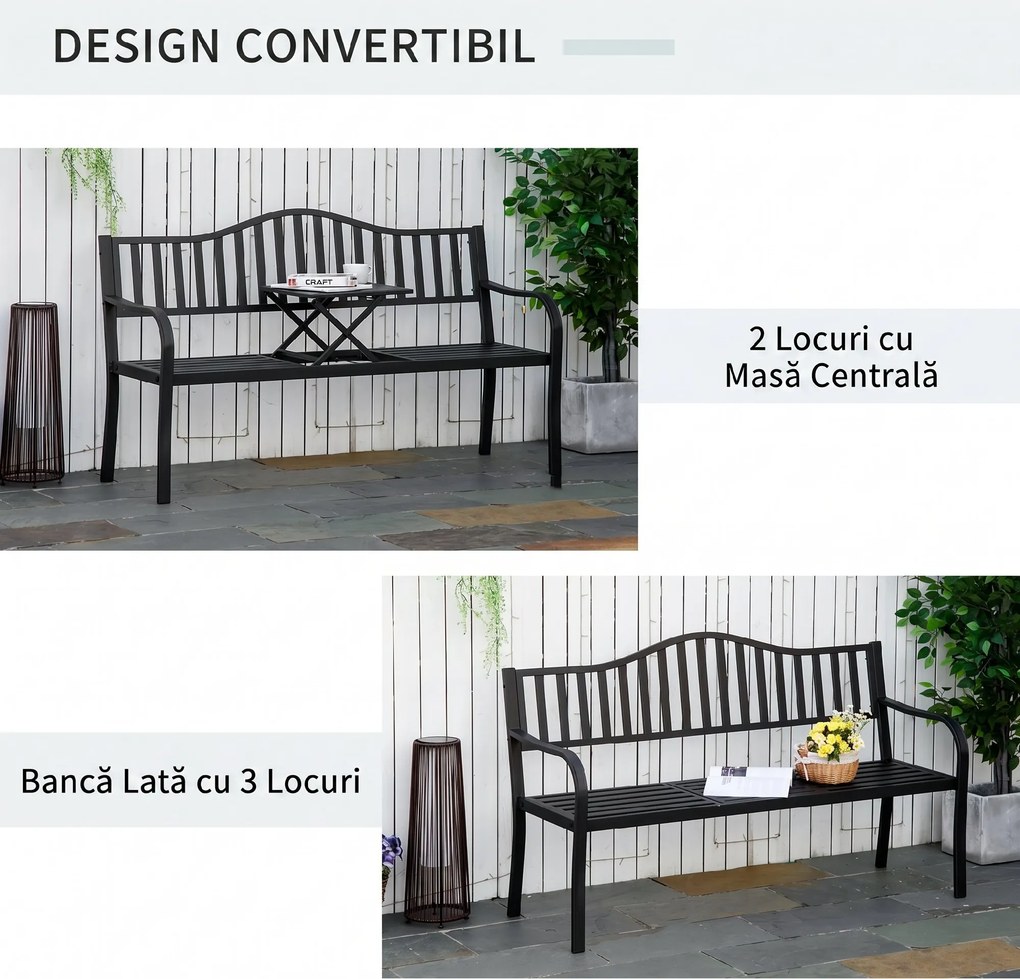 Bancă de Grădină Outsunny din Metal cu Măsuță Centrală Retractabilă, Bancă Loveseat pentru Terasă cu Șezut și Spătar cu Șipci, pentru 2–3 Persoane, Neagră | Aosom Romania
