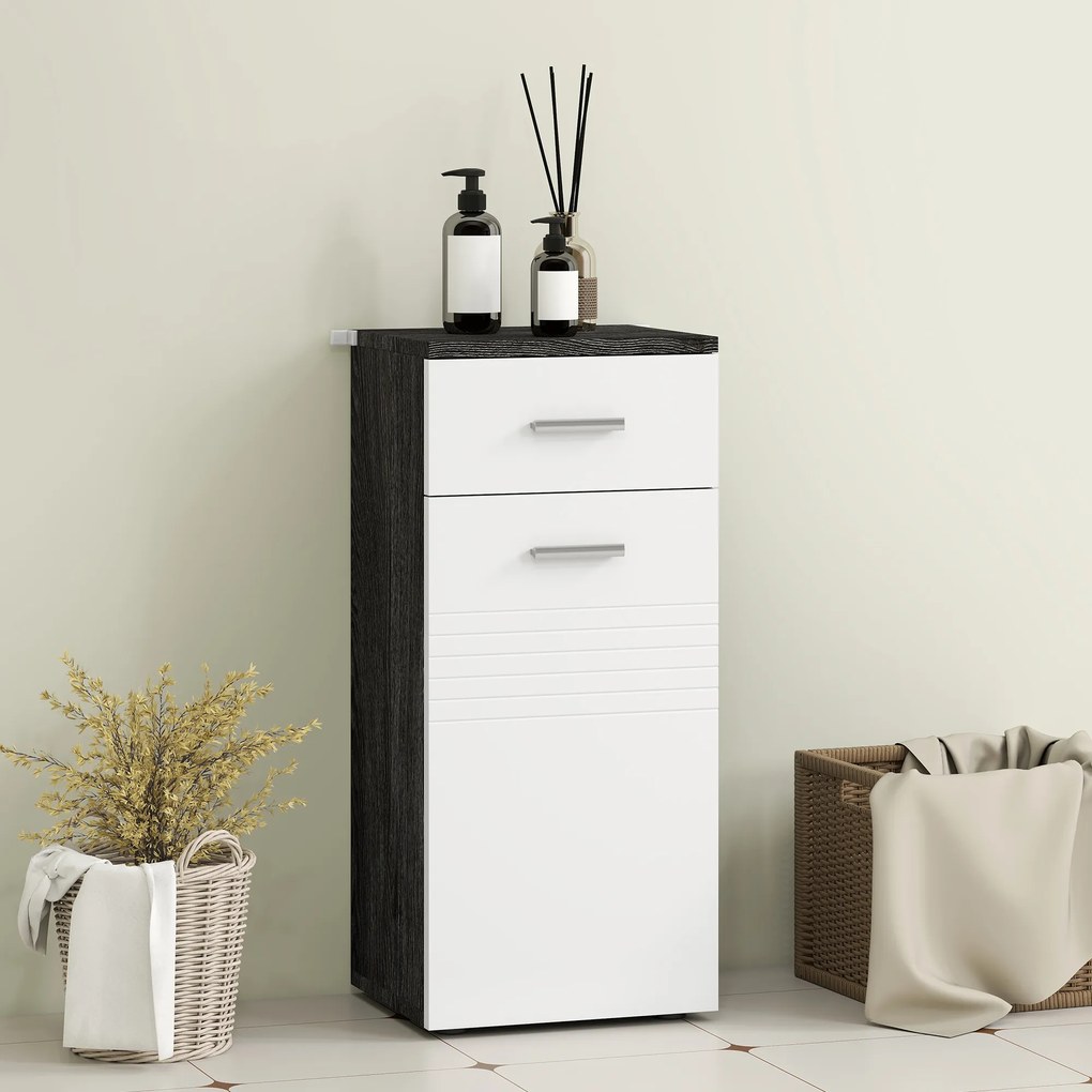 kleankin Dulap Baie din Lemn cu Sertar și Rafturi, Design Alb și Negru | Aosom Romania