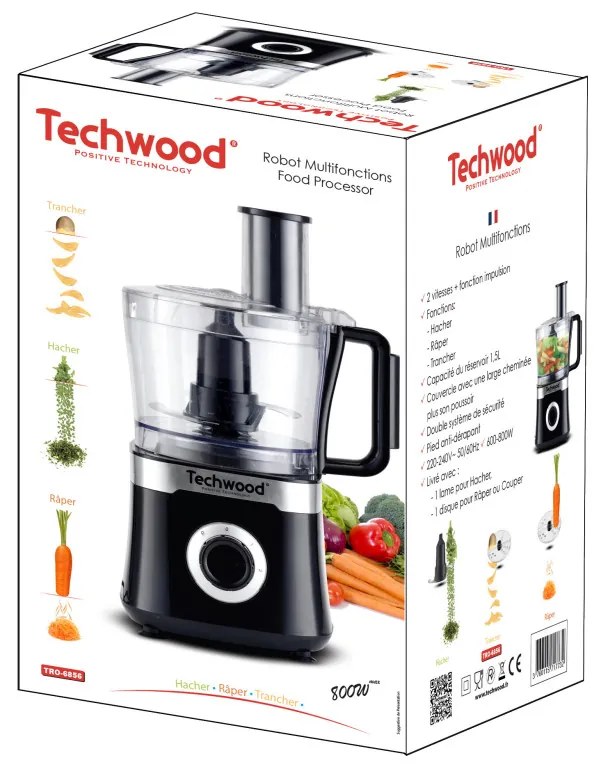 Robot de bucatarie Techwood TRO-6856, 800W, 1.5L, 2 viteze, Pulse, Anti-alunecare, Negru