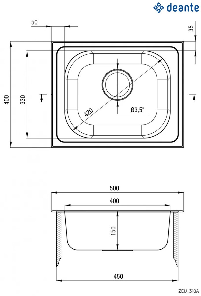 Chiuvetă din inox, 1-cuvă, Techno, ZEU_310A